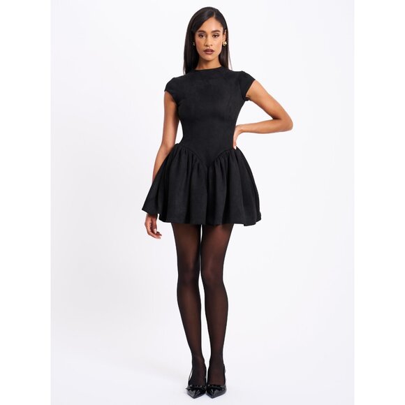 Jacq Backless Black Mini Puffy Suede Dress - Picture 5 of 16